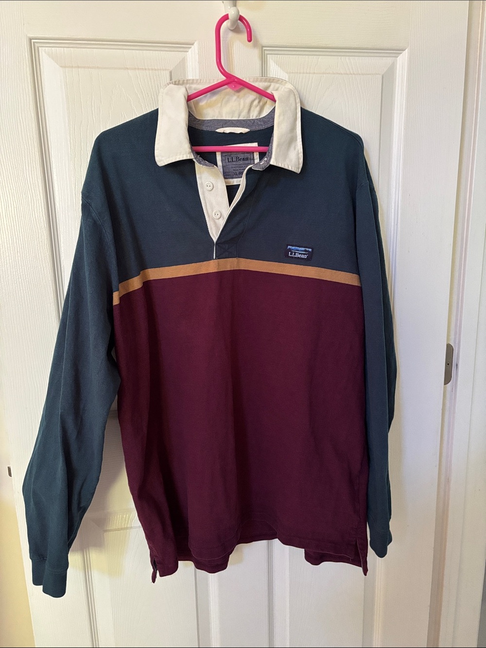 L.L. Bean Long-Sleeve Rugby Shirt — Green, Burgundy & Tan White Collar